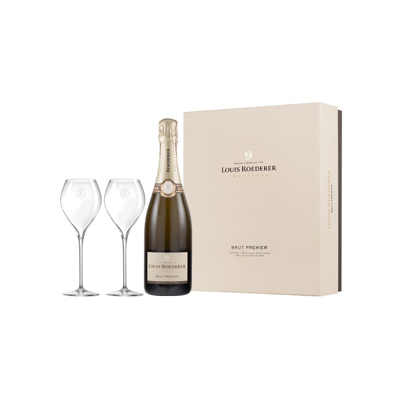 Louis Roederer ekskluzywne opakowanie z 2 oryginalnymi kieliszkami i butelką Brut Premier Champagne A.O.C.